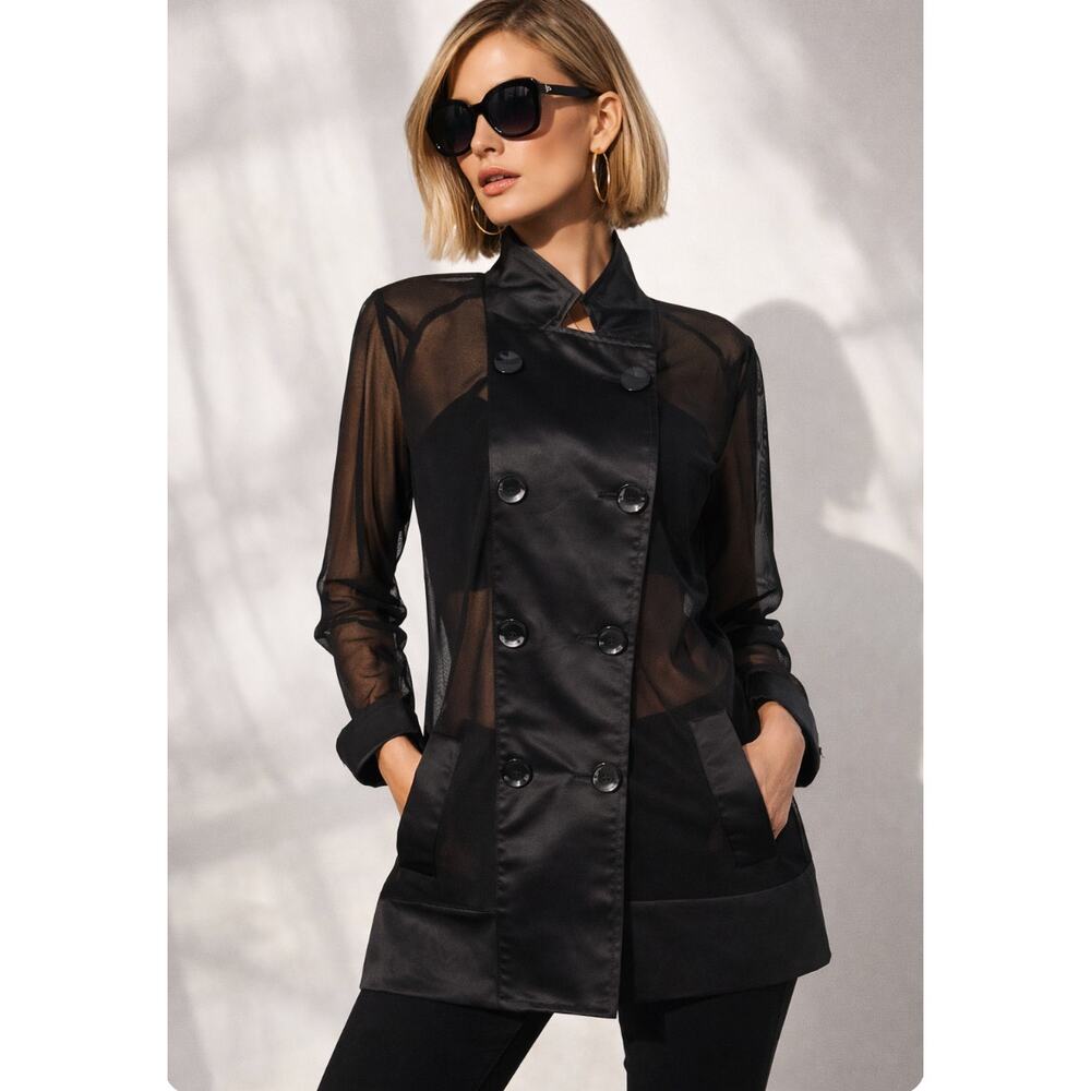 Luii Medium Black Sheer Mesh Jacket Opaque Panel Double Breasted Statement Layer